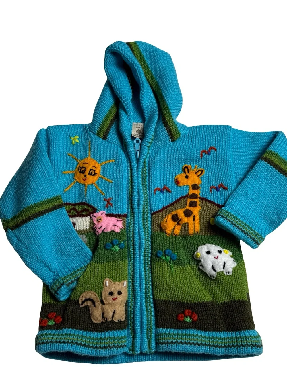 Handknit Peruvian Zip Up Hooded Sweater Lucy Iburg 4T Colorful Animals Landscape